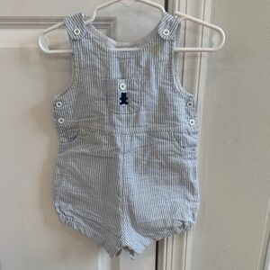 White/Light Blue Striped Baby Overalls with Bear Embroidery